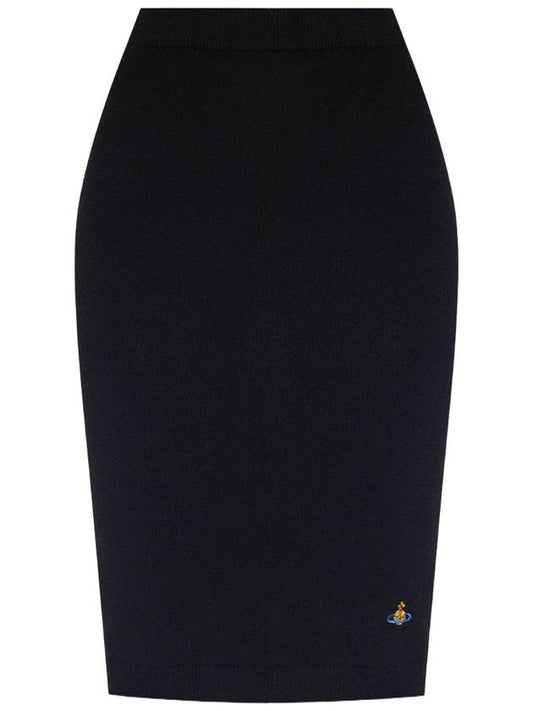 Women's Logo Embroidered Wool Pencil Skirt Black - VIVIENNE WESTWOOD - BALAAN.