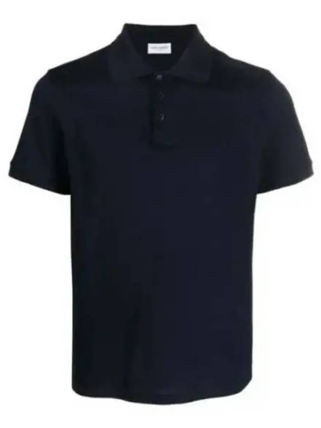 Men's Monogram Cotton Short Sleeve Polo Shirt Navy - SAINT LAURENT - BALAAN 2