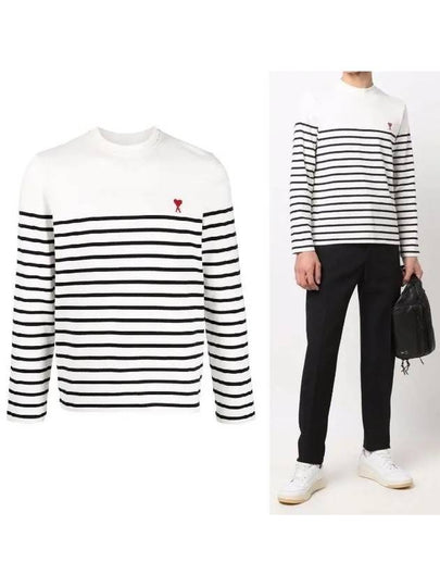 Men's Heart Logo Striped Long Sleeve T-Shirt White Black - AMI - BALAAN 2