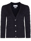 Merino Wool Crisscross Cable Stitch 3/4 Sleeve V-Neck Cardigan Navy - THOM BROWNE - BALAAN 2