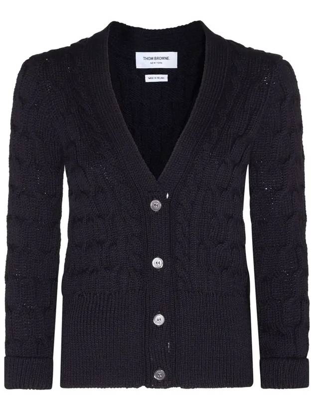 Merino Wool Crisscross Cable Stitch 3/4 Sleeve V-Neck Cardigan Navy - THOM BROWNE - BALAAN 3