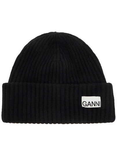 Logo Patch Knit Beanie Black - GANNI - BALAAN 2