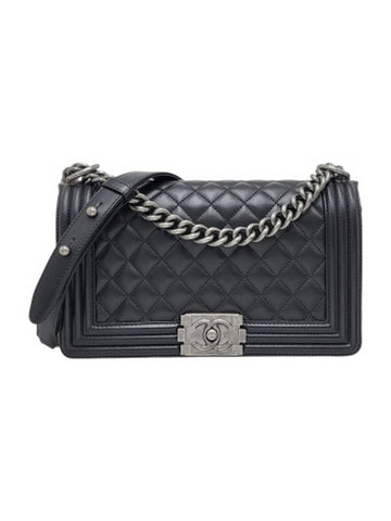 A67086 Black Lambskin Boy Medium Vintage Silver Chain Shoulder Bag - CHANEL - BALAAN 1