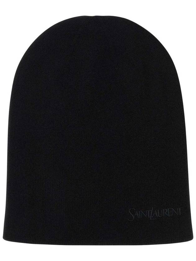 Logo Embroidered Cashmere Beanie Black - SAINT LAURENT - BALAAN 2