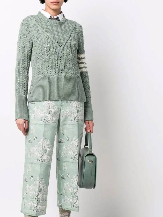 Women's 4 Bar Irish Pointelle Cable Merino Wool Knit Top Light Green - THOM BROWNE - BALAAN 5