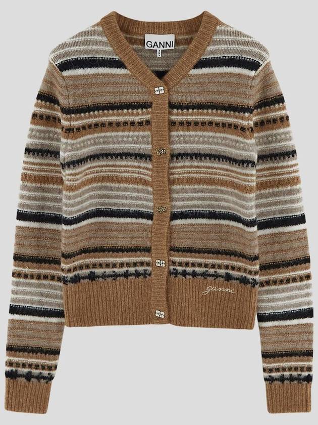 Striped Soft Wool Knit Cardigan Brown - GANNI - BALAAN 2