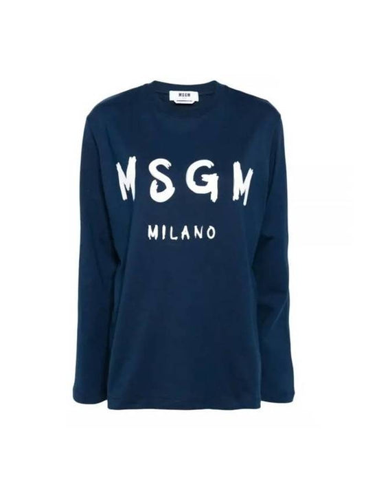 Brushed Logo Cotton Long Sleeve T-Shirt Navy - MSGM - BALAAN 1