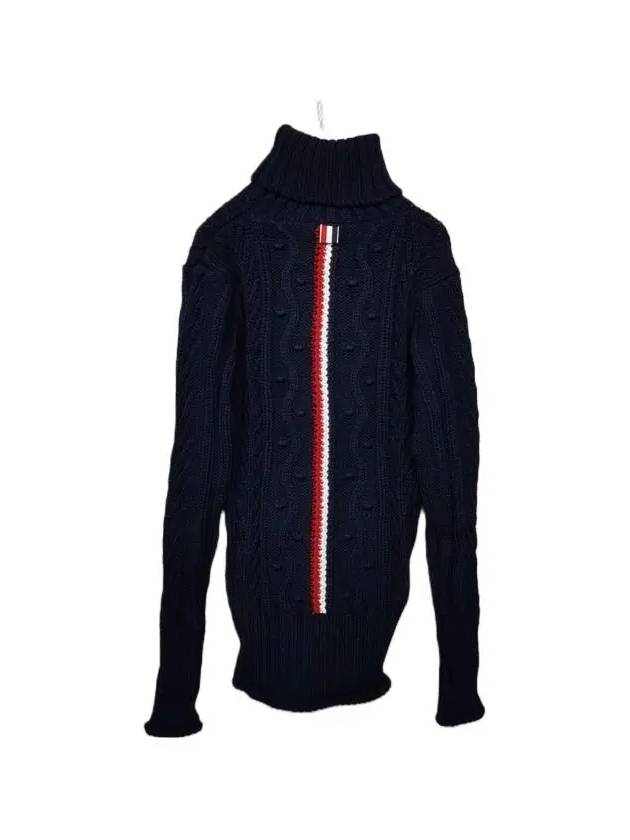 Women's Stripe Aran Cable Turtleneck Navy - THOM BROWNE - BALAAN 2