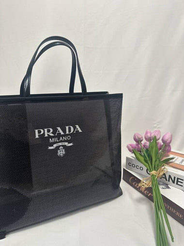 Medium sequin mesh tote bag beach black 1BG416 - PRADA - BALAAN 1