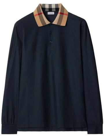 Check Collar Cotton Pique Long Sleeve Polo Shirt Smoke Navy - BURBERRY - BALAAN 1