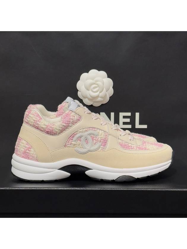 CC Logo Cotton Tweed Suede Calfskin Low Top Sneakers Pink Ecru - CHANEL - BALAAN 3