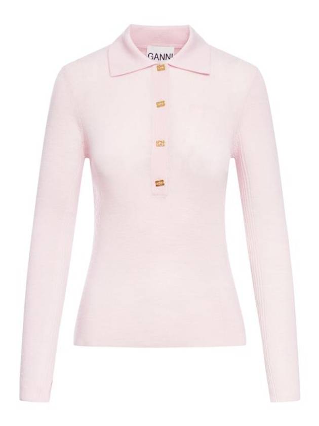 Long Sleeve Polo T-shirt Pink - GANNI - BALAAN 1