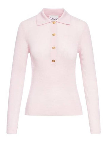 Long Sleeve Polo T-shirt Pink - GANNI - BALAAN 1