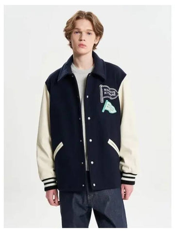 Men s Varsity Baseball Jumper Jacket Wool Felt Blend Leather Sleeve Logo Patch Ink Blue Domestic Product GM0023111469526 - MAISON KITSUNE - BALAAN 1