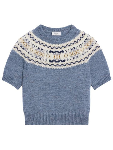 Triomphe Fair Isle Wool Knit Top Light Blue - CELINE - BALAAN 1