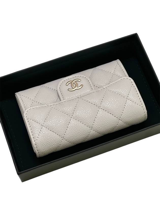 Classic Gold Logo Grained Shiny Calfskin Card Wallet Light Grey - CHANEL - BALAAN 7