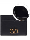 V Logo Signature Grainy Calfskin Card Wallet Black - VALENTINO - BALAAN 3