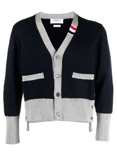 Three Stripe V Neck Cotton Cardigan Navy - THOM BROWNE - BALAAN 2