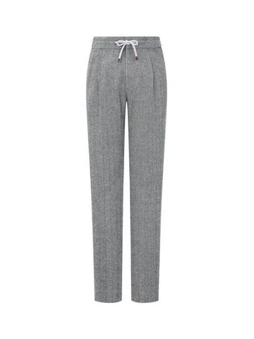 Men s Herringbone Wool String Pants Dark Gray 271434 - BRUNELLO CUCINELLI - BALAAN 1