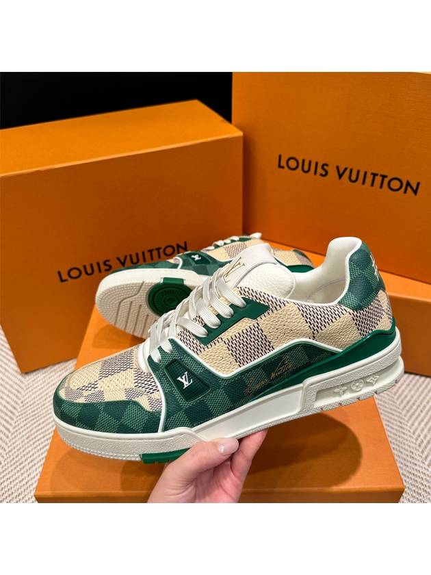 Men's LV Trainer Sneakers Calfskin Damier Green - LOUIS VUITTON - BALAAN 3