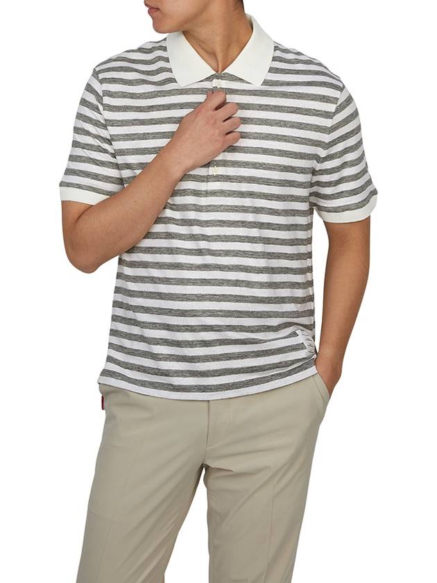 Striped Linen Polo Shirt Grey White - THOM BROWNE - BALAAN 5