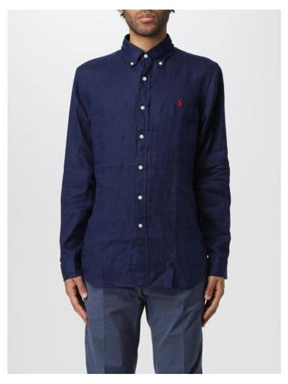 Men's Pony Embroidery Linen Oxford Long Sleeve Shirt Blue - POLO RALPH LAUREN - BALAAN 2