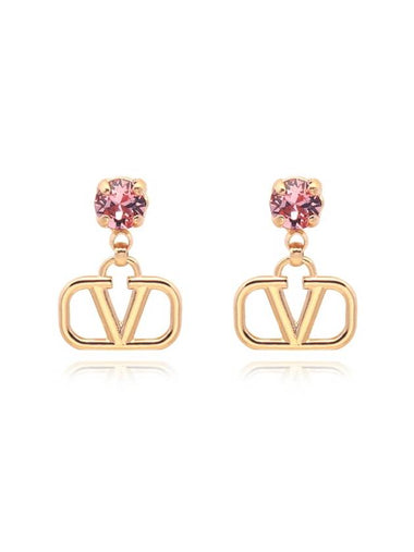 V Logo Crystal Brass Earrings Gold Rose - VALENTINO - BALAAN 1