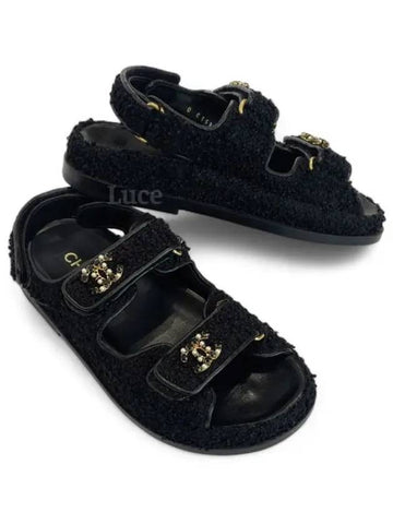 CC logo velcro tweed sandal slippers black - CHANEL - BALAAN 1