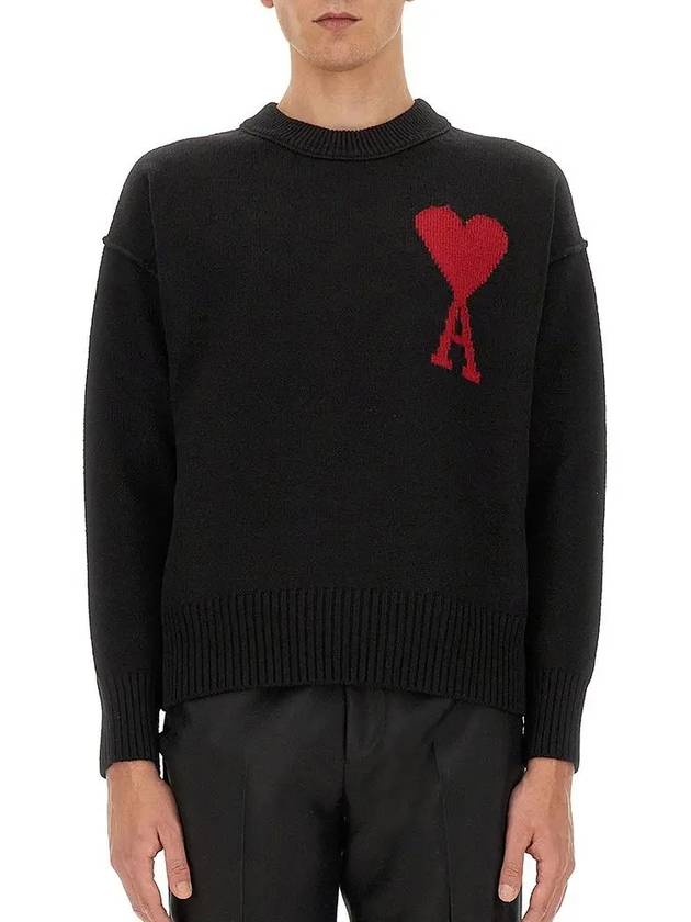 Intarsia Big Heart Logo Wool Knit Top Black - AMI - BALAAN 3