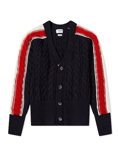 Striped Crew Cable Knit Cardigan Navy - THOM BROWNE - BALAAN 1