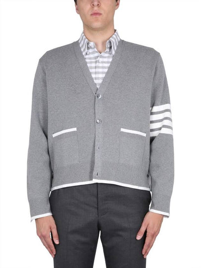 V-Neck Diagonal Armband Cardigan Grey - THOM BROWNE - BALAAN 2