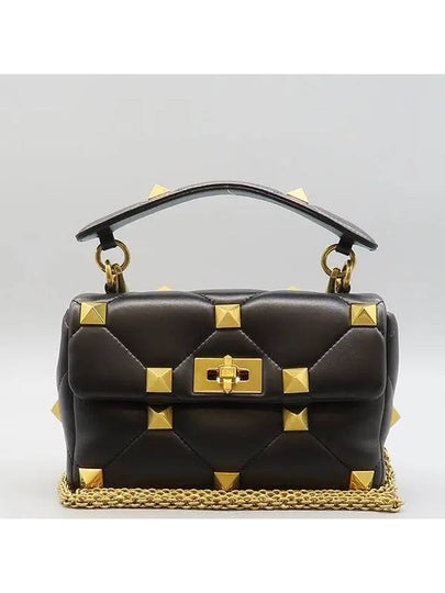 WW2B0182BSF Black Leather Roman Stud Chain Garavani L Size Tote and Shoulder Bag - VALENTINO - BALAAN 2