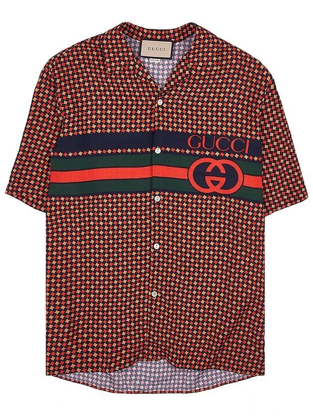 Geometric Houndstooth Bowling Silk Short Sleeve Shirt Red Beige Black - GUCCI - BALAAN 10