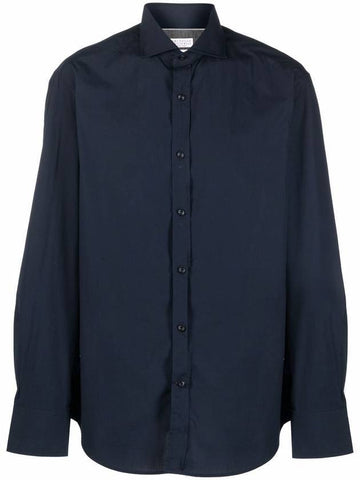 Men's Cotton Long Sleeve Shirt Navy - BRUNELLO CUCINELLI - BALAAN.