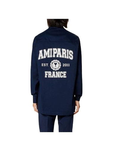 Back Printing Logo Cotton Long Sleeve Shirt Navy - AMI - BALAAN 1