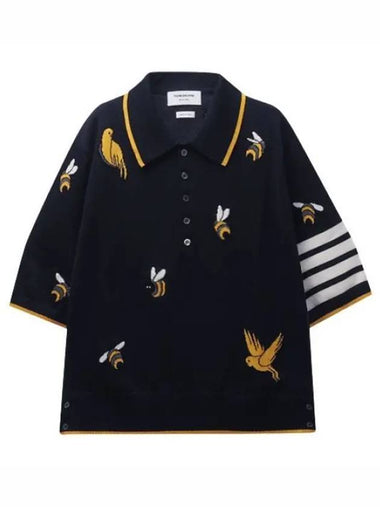 Diagonal Stripe Bird Bee Intarsia Short Sleeve Collar - THOM BROWNE - BALAAN 1