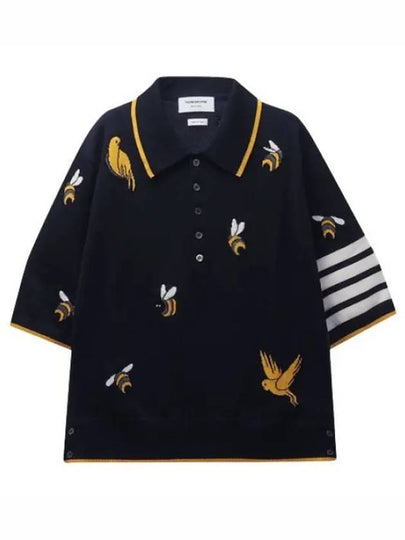 Men's Bird Bee Half Drop 4 Bar Merino Cotton Short Sleeve Polo Shirt Navy - THOM BROWNE - BALAAN 2