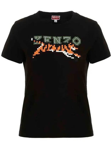 Women's Tiger Logo Pixel Short Sleeves T-Shirt Black - KENZO - BALAAN 1