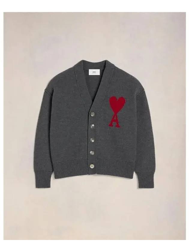 Heart Logo V Neck Wool Cardigan Heather Grey - AMI - BALAAN 2