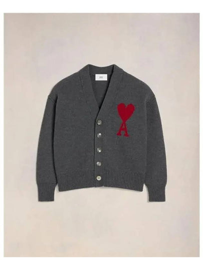 Heart Logo V Neck Wool Cardigan Heather Grey - AMI - BALAAN 2