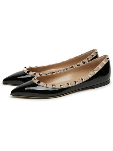 Women's Rockstud Ballerina Glossy Black Flat Shoes 0403 VNW N91 - VALENTINO - BALAAN 1