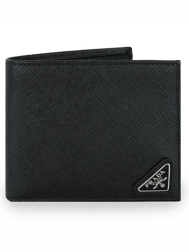 Triangle Logo Saffiano Half Wallet Black - PRADA - BALAAN 2