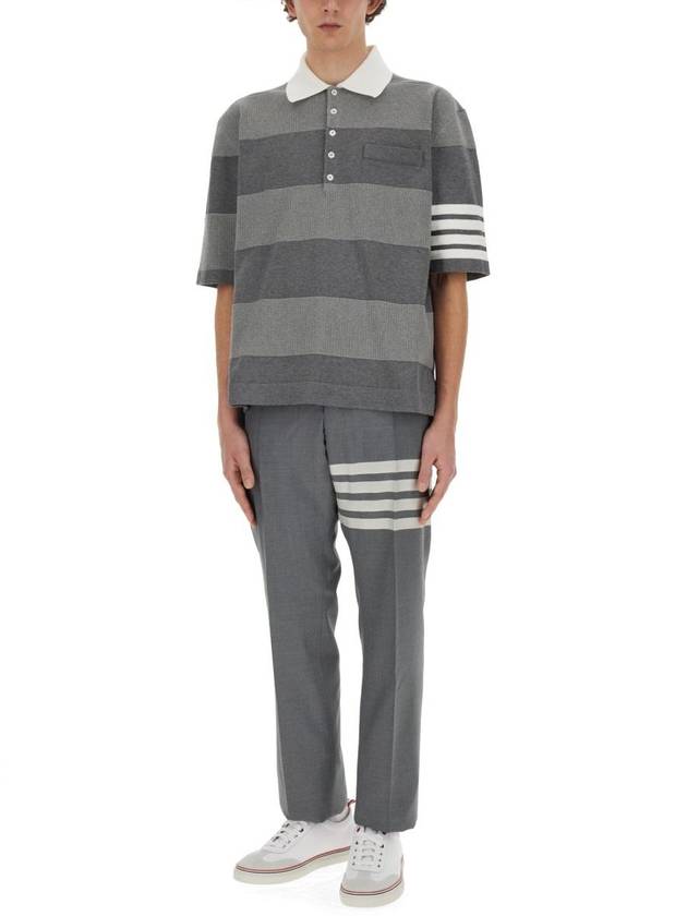 4 Bar Stripe Knit Polo Shirt Grey - THOM BROWNE - BALAAN 3