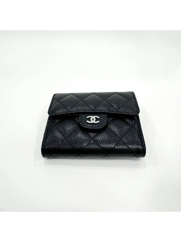 Small Classic Flap Wallet Grained Calfskin Silver Black - CHANEL - BALAAN 7