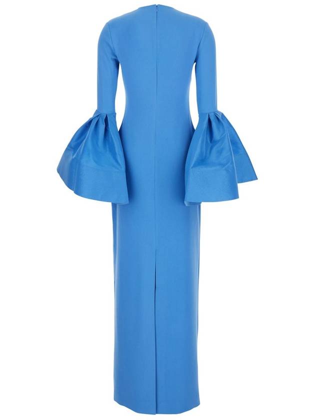 'Suri' Blue Crewneck Long Dress With Puffed Long Sleeves In Tech Fabric Stretch Woman - SOLACE LONDON - BALAAN 2