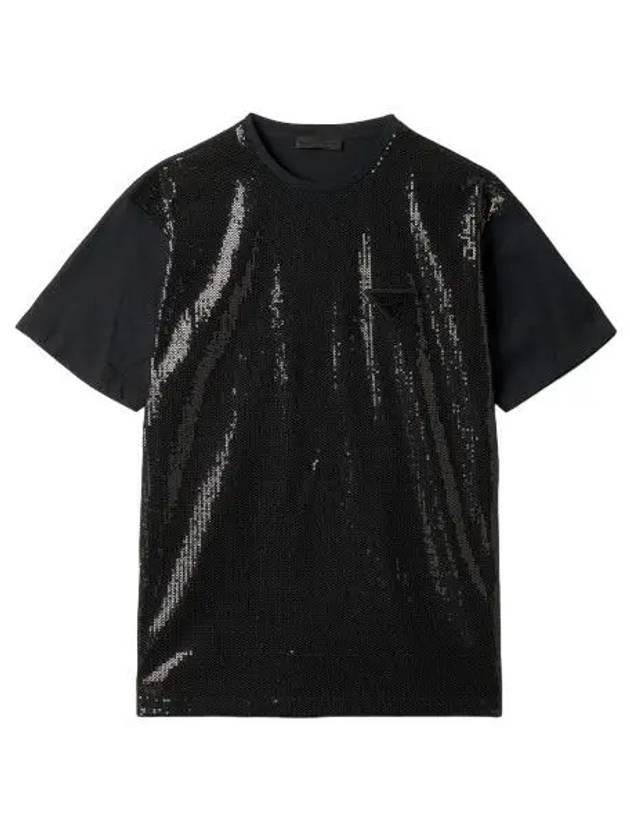 Triangle logo sequin short sleeve t shirt black - PRADA - BALAAN 1