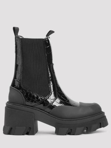 Cleated Patent Croco Heeled Mid Chelsea Boots Black - GANNI - BALAAN 1