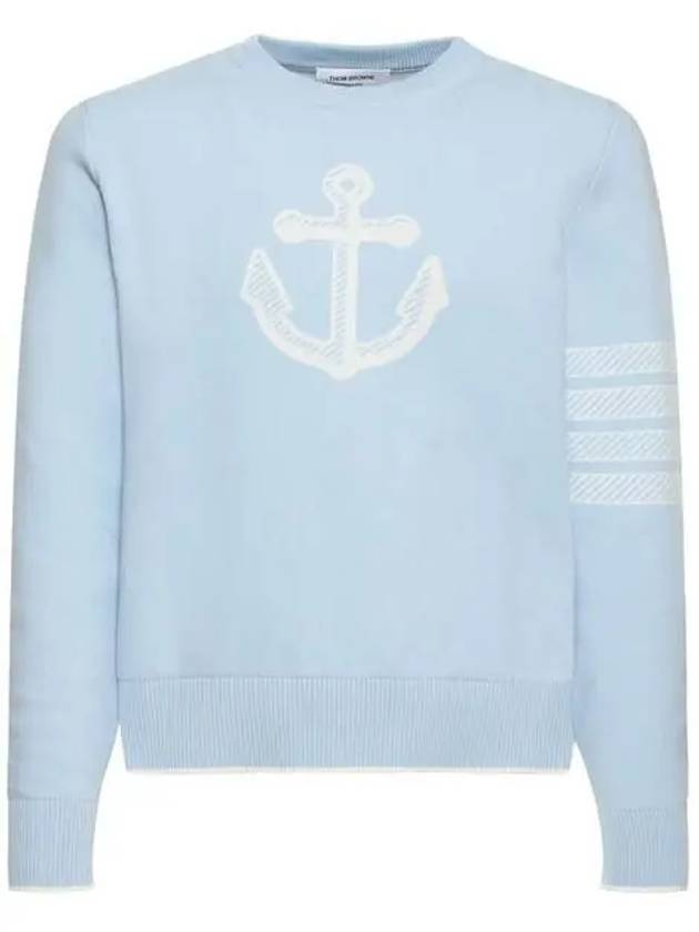 Men's Anchor Jacquard 4-Bar Crew Neck Knit Top Light Blue - THOM BROWNE - BALAAN 3