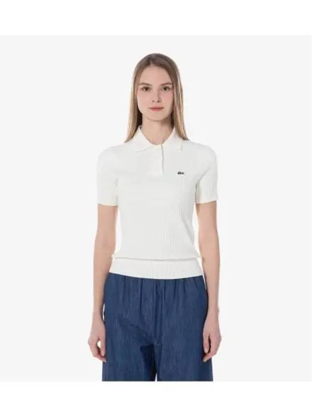 Women s Cable Short Sleeve Polo Sweater OFFWHITE Off White - LACOSTE - BALAAN 1