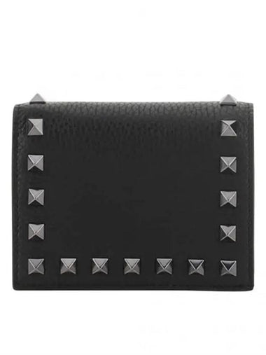 Rockstud Small Leather Half Wallet Black - VALENTINO - BALAAN 1